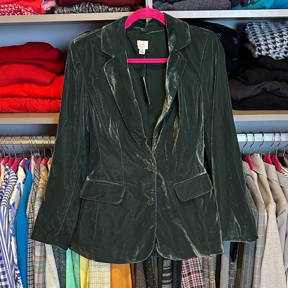 A New Day dark sage two button closure back slit 2 pocket velvet blazer XS NWT